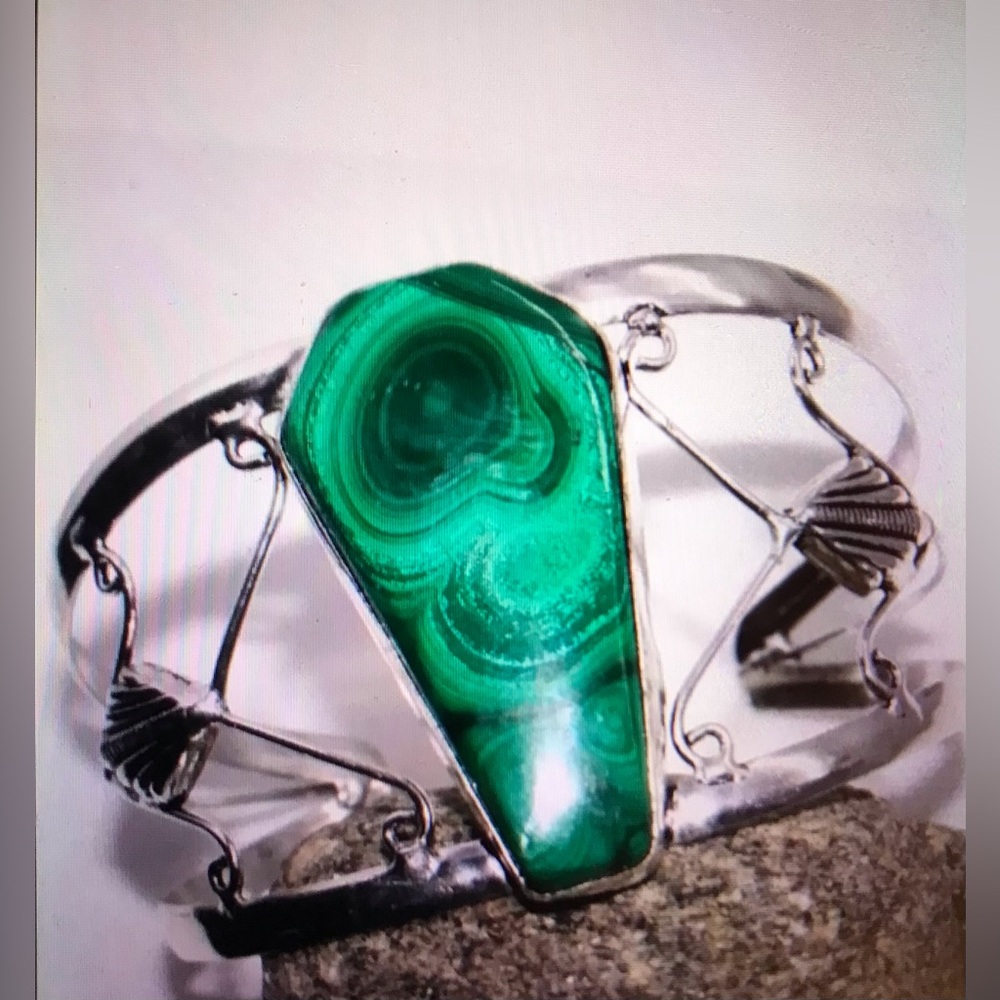 Malachite Stamped 925 Sterling Silver Cuff Bracelet